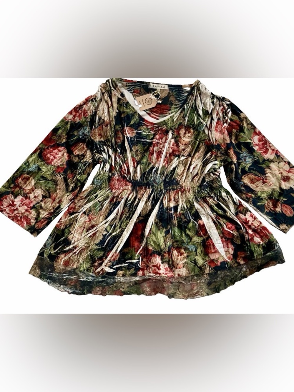 NWT A Rare Bird Floral Crushed Velvet Lace Boho Tunic Top OS - Picture 3 of 14
